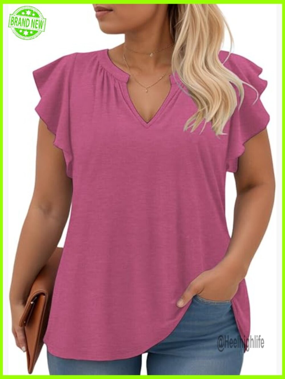 Plus Size V-Neck Ruffle Sleeve Tunic Top, Rayon Blend, Loose Fit